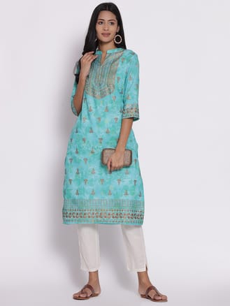 Turquoise Ornamental Printed Kurta