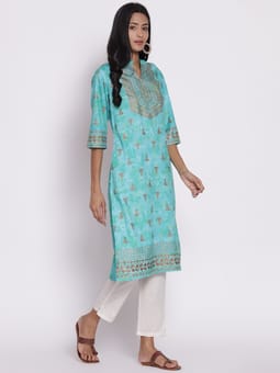 Turquoise Ornamental Printed Kurta