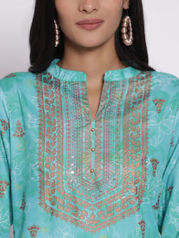 Turquoise Ornamental Printed Kurta