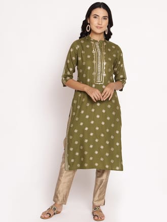 Olive Green Ornamental Printed Kurta