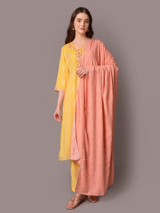 Yellow Floral Printed Kurta Trouser Dupatta