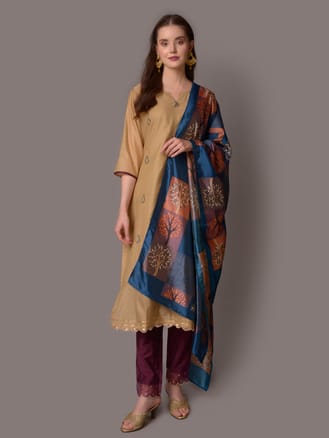 Beige Solid Kurta Trouser Dupatta