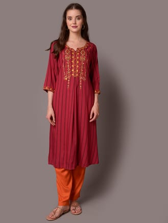 Fuchsia Embroidered Kurta With Trouser