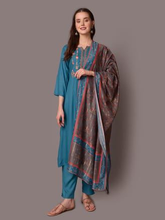 Teal Embroidered Kurta Trouser Dupatta