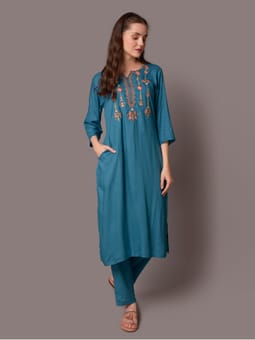 Teal Embroidered Kurta Trouser Dupatta