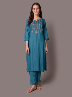 Teal Embroidered Kurta Trouser Dupatta