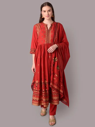 Women Red Ornamental Printed Kurta Trouser Dupatta