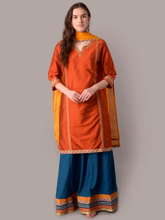 Women Rust Kurta Skirt With Dupatta