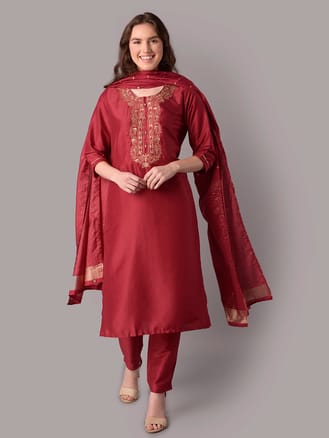 Women Maroon Kurta Trouser Dupatta