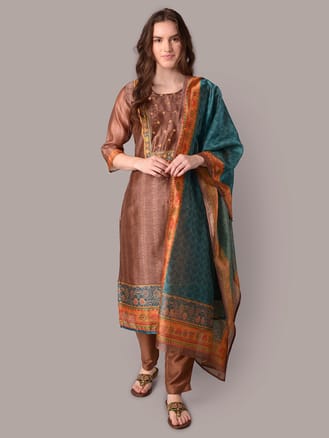 Women Brown Kurta Trouser Dupatta