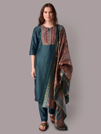 Women Teal Embroidered Kurta Trouser Dupatta