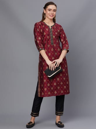 Women Maroon Ornamental Printed Kurta With Trouser