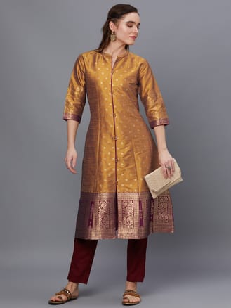 Women Mustard Ornamental Print Kurta