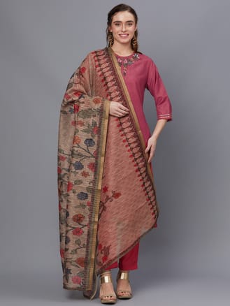 Women Coral Printed Kurta Trouser Dupatta