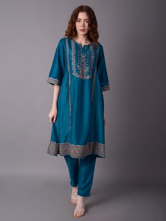 Turquoise Blue Ornamental Printed Kurta With Trouser