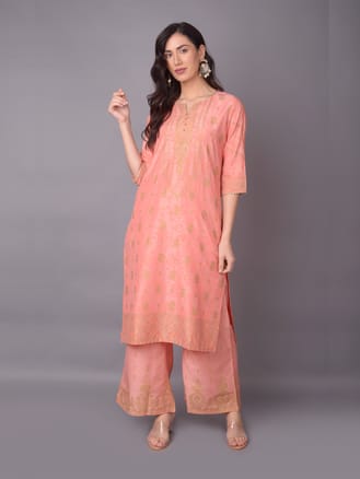 Pink Ornamental Printed Kurta With Wide Leg Pant