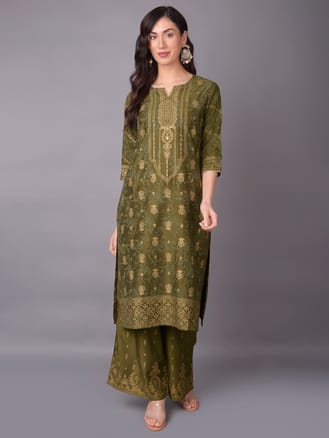 Olive Ornamental Printed Kurta With Wide Leg Pant