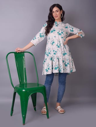 Teal Floral Printed Kurti