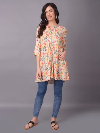 Off White Floral Printed Tunic