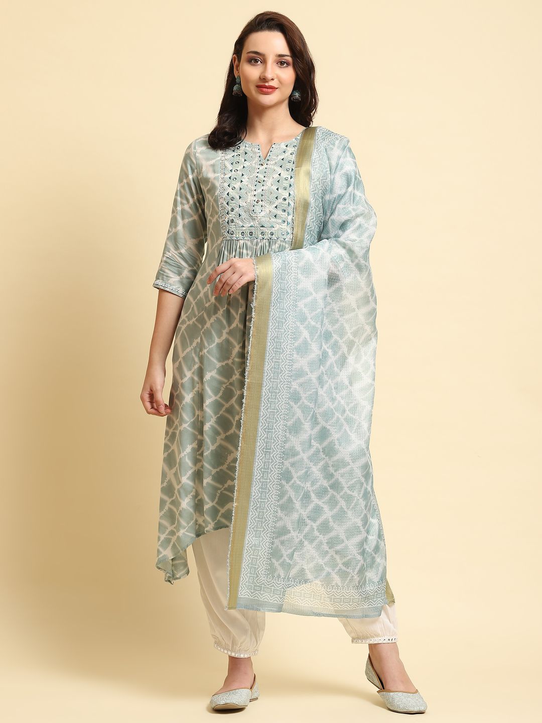 Green Tie Dye Printed Kurta Harem Pant Dupatta