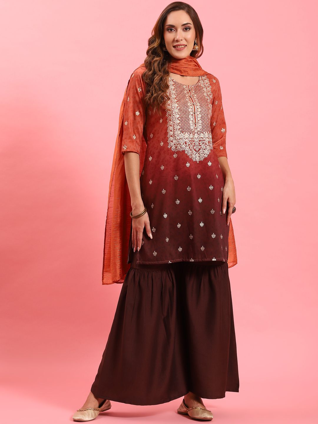 Rust Ornamental Printed Kurta Sharara Dupatta