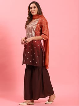 Rust Ornamental Printed Kurta Sharara Dupatta