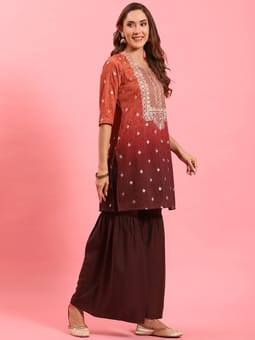 Rust Ornamental Printed Kurta Sharara Dupatta