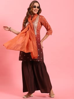 Rust Ornamental Printed Kurta Sharara Dupatta