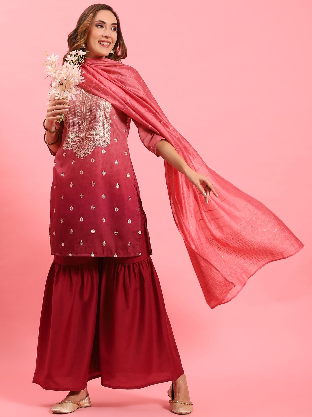 Pink Ornamental Printed Kurta Sharara Dupatta