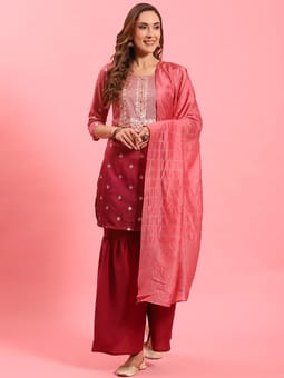 Pink Ornamental Printed Kurta Sharara Dupatta