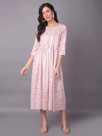 Pink Cotton Printed Dress