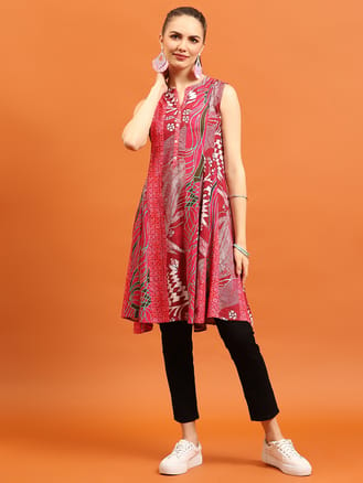 Pink Floral Printed Short Kurta