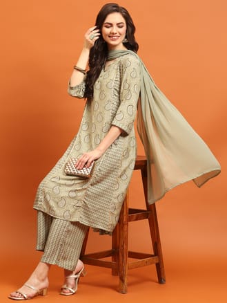 Olive Paisley Printed Kurta Comfort Pant Dupatta