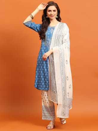 Blue Ornamental Printed Kurta Comfort Pant Dupatta