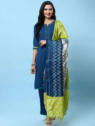 Women Navy Blue Solid Kurta Comfort Pant Dupatta