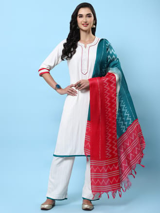 Women White Solid Kurta Comfort Pant Dupatta