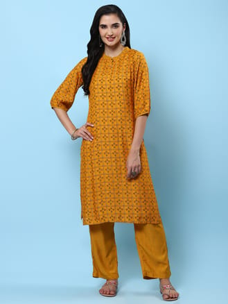 Women Mustard Geometric Printed Kurta With Comfort Pant