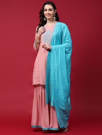 Women Pink Embroidered Kurta Sharara Dupatta