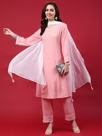 Women Pink Solid Kurta Comfort Pant Dupatta