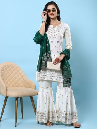 Women Off White Printed Kurta Sharara Dupatta