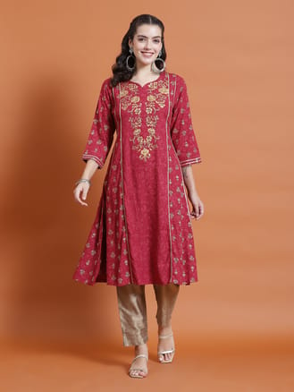 Women Maroon Ornamental Print Kurta