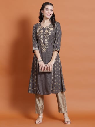 Women Grey Ornamental Print Kurta