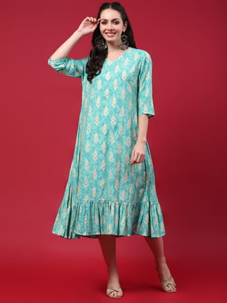 Women Teal Ikat Print Dress