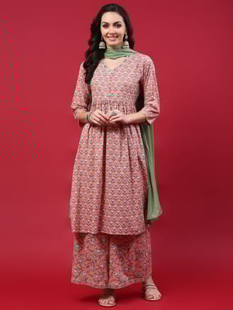 Women Peach Floral Print Kurta Wide Pant Dupatta