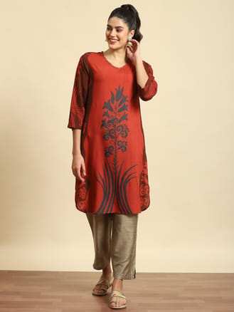 Women Maroon Abstract Print Kurta