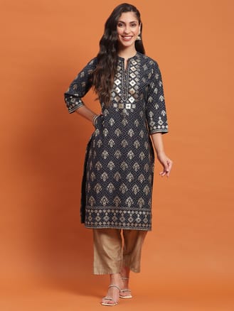 Women Navy Blue Floral Print Kurta