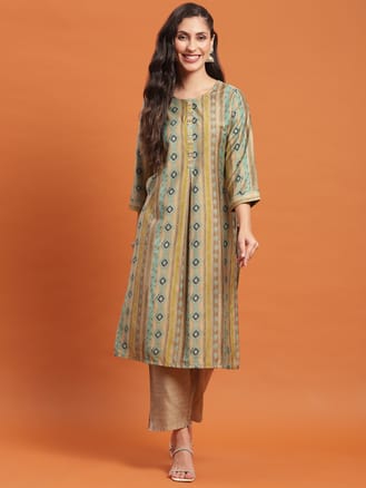 Women Olive Geometric Print Kurta