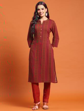 Women Maroon Stripe Print Kurta