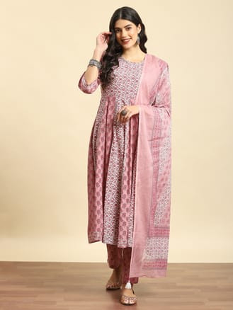 Women Pink Floral Print Kurta Trouser Dupatta