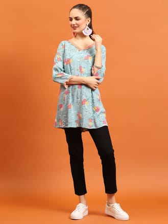 Women Liva Rayon Blue Floral Print Tunic